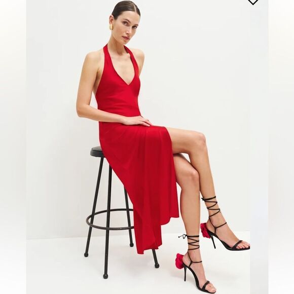 NWT Reformation Merel Satin Midi Dress Cherry Red Large - Picture 1 of 16